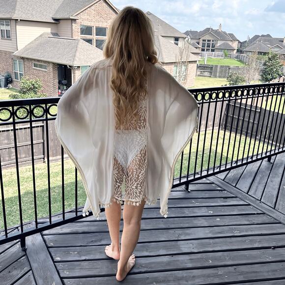 C02 Irgus Brand Kaftan Lace Insert Pom Pom Cover Up Size M $65 - Picture 5 of 16